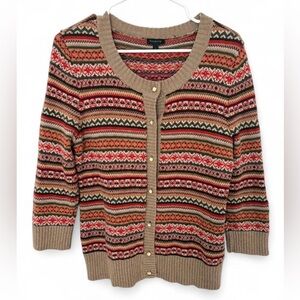 Talbots Fair Isle Wool Blend Cardigan Sweater Large 3/4 Sleeve Classic Nordic